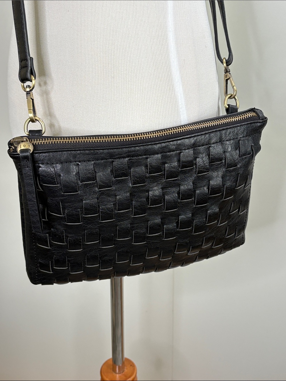 Joy Susan Black Woven Vegan Leather Crossbody to Clutch Bag